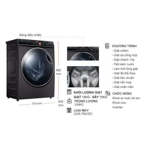 Kích thước máy Giặt Sấy Aqua Inverter Giặt 15 Kg - Sấy 10 Kg AQD-AH1500H.PS