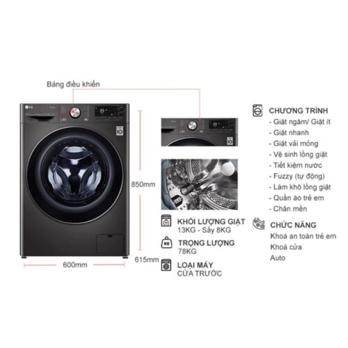 kich thuoc may giat say lg inverter giat 13 kg say 8 kg fv1413h3ba