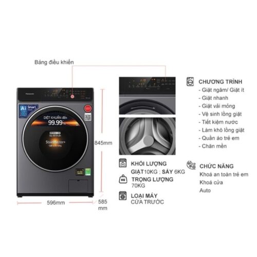 Kích thước máy Giặt Sấy Panasonic Inverter Giặt 10 Kg - Sấy 6 Kg NA-S106FC1LV