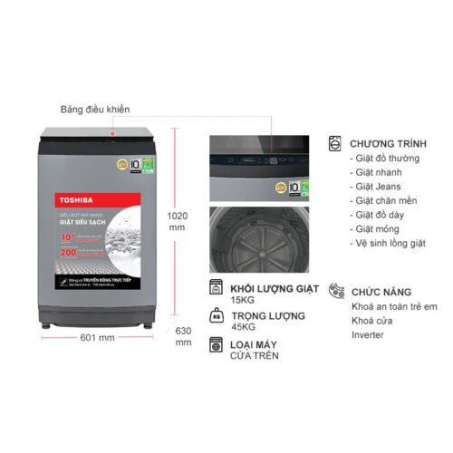 Kích thước máy Giặt Toshiba Inverter 15 Kg AW-DUM1600LV(SG) cửa trên