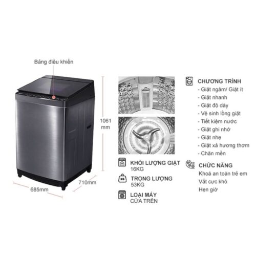 Kích thước máy Giặt Toshiba Inverter 16 Kg AW-DUG1700WV (SS) cửa trên