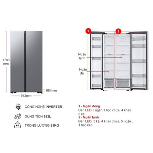 Kích thước tủ lạnh 2 cánh side by side Inverter 583 Lít Samsung RS57DG400EM9SV